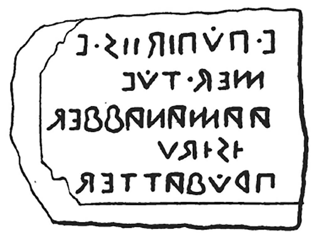 Pompeii Porta Nola. 1836 drawing of inscription.
According to De Jorio, this Oscan inscription was discovered in May 1812, near to the head thought, at that time, to be of the goddess Isis.
See De Jorio, A., 1836. Guida di Pompei. Napoli: Fibrena, p. 114 and Tav. IV. no. 3.