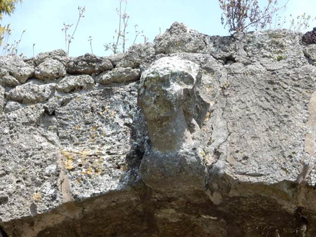 Pompeii Porta Nola. May 2015. Head of Minerva above arch on inside of Nola Gate.
Photo courtesy of Buzz Ferebee.