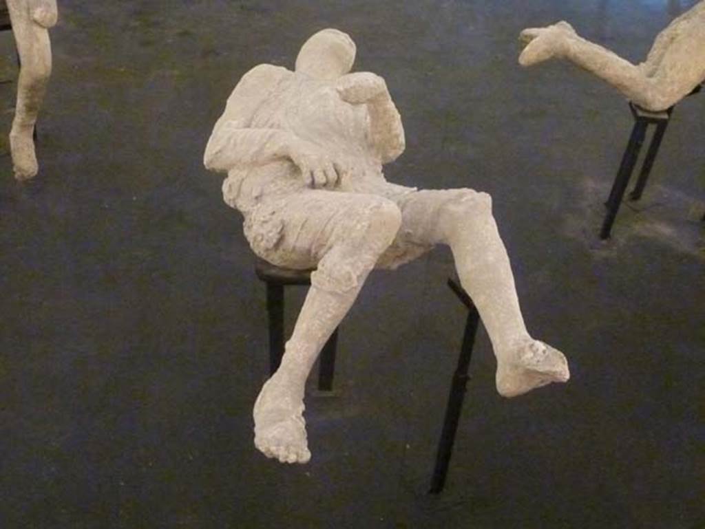 Pompeii, September 2015. On display as an exhibit in the Summer 2015 exhibition in the amphitheatre. Plaster cast of victim numbered 16, found 12th March 1890 outside of the Porta Stabiana. According to NdS, 12th March 1890, following the excavation of the agger on the right going out from Porta Stabiana, at a distance of about 72 metres from the Gate, the imprint of a human body was found in the compacted layer of ash. Sig. Salvatore Cozzi directed the operation to cast the plaster-cast. The reproduction was one of the best and most successful made up until that time.
The cast represented a young slim male, lying on his left side, wrapped in a cloak and with short pants that exposed his legs below the knee. The sandal he was wearing was clearly seen on his right foot. Nothing more could be said of the left leg, because this and the hand turned out badly. Height 1.55 metres.
See Notizie degli Scavi, 1890, p.128
See Dwyer, E., 2010. Pompeii’s Living Statues. Ann Arbor: Univ of Michigan Press. (p.107 and fig.48).