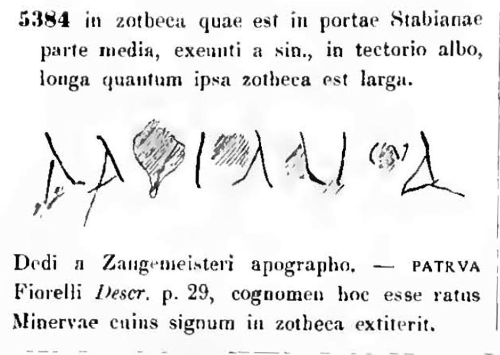 Porta Stabia, Pompeii. East side, wall with two niches. Graffito PATRVA (Patrua) as shown in CIL.
See Corpus Inscriptionum Latinarum Vol. IV, Supp 2, Part 2, 1909. Berlin: Reimer, p. 596, CIL IV 5384.
According to Fiorelli:
In later times, a niche was hollowed out in the wall to right of the entrance hall, and lined internally with stucco, had in the background graffiti in large letters PATRVA, the name of Minerva whose image was undoubtedly placed here to protect the Gate.
See Fiorelli, G., 1875. Descrizione di Pompei. Napoli, p. 29.