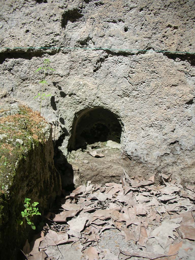 Porta Stabia, Pompeii. May 2010. Lower niche. Photo courtesy of Ivo van der Graaff.
According to Van der Graaff-
“The Pompeii Archaeological Research Project: Porta Stabia (PARP:PS), run by the University of Cincinnati, has excavated at the Porta Stabia as part of a wider investigation into the adjacent urban district (see Fig. 1.3). ………………………
The excavations also discovered an altar buried beneath two niches carved in the eastern passageway.
The lowest niche and the altar are associated with the first two phases of the gate.
In a later phase, around 100 BCE, workers built the opus incertum vault in conjunction with the towers.
In a final phase, engineers built the causeway, repaved the road, and added a drain in the Augustan period or soon thereafter (Note 85).”
See Van der Graaff, I. (2018). The Fortifications of Pompeii and Ancient Italy. Routledge, (p.20).