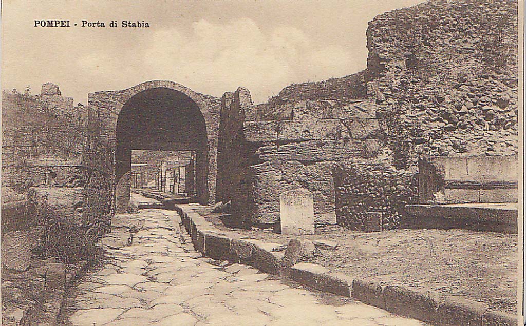 Pompeii Porta di Stabia or Stabian Gate. About 1900. Looking north through gate from outside the city.
The north end of the schola tomb of Marcus Tullius can be seen on the right. Photo courtesy of Drew Baker.