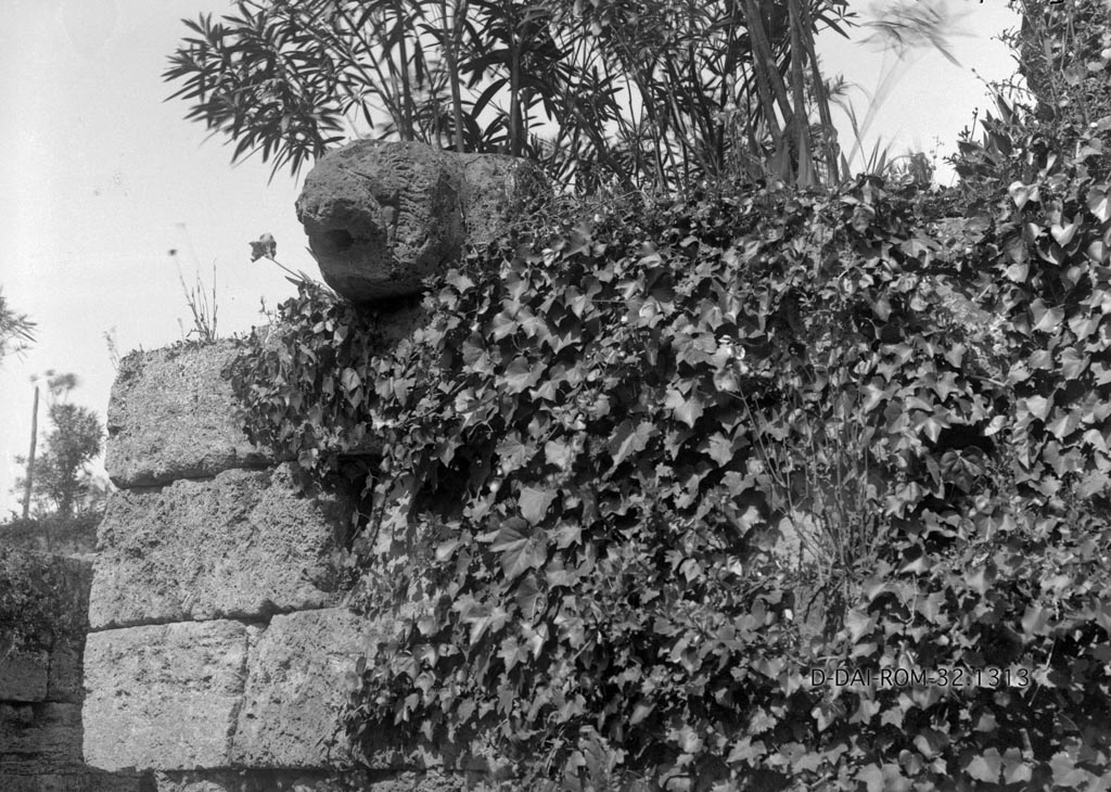 Porta Stabia. 1932. Lion spout.
Photo by Erich Pernice.
DAIR 32.1313. Photo © Deutsches Archäologisches Institut, Abteilung Rom, Arkiv.
According to Van der Graaff –
“Starting in 1874 through the end of the century, excavations resumed to expose the area in front of the gate.
In addition to various tombs, excavators recovered a spout fashioned from a tuff block carved in the shape of a lion’s head.
At first they identified it as the keystone to the gate vault, until August Mau recognized it as a spout that he believed was one of many that functioned to drain the wall-walk (Note 57).
Simpler versions of such spouts are indeed still present in the fortifications, but the lion head was a unique example that has since vanished (Note 58).
It may have functioned as a distinctive marker for the gate.”
See Van der Graaff, I. (2018). The Fortifications of Pompeii and Ancient Italy. Routledge, (p.16).