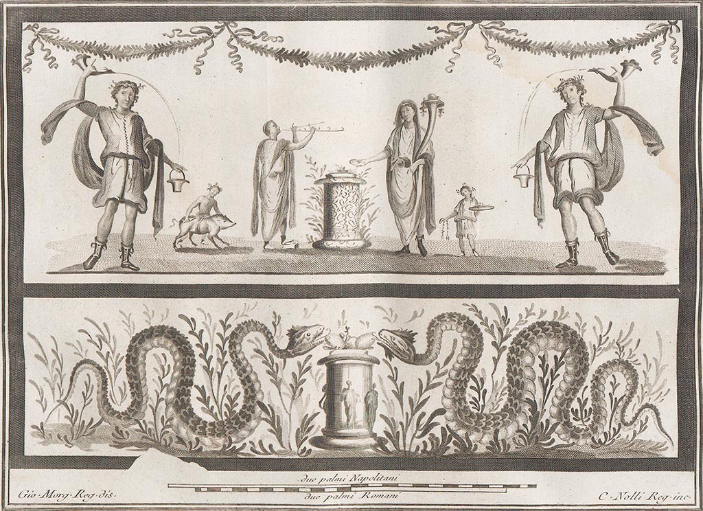 VII.6.38 or II.4.3/6 Pompeii. Lararium painting (h.1.21, w.1.78) described by Boyce as being found in the Villa of Julia Felix.
He quoted the references Helbig 56: PAH I, i, 133: I. ii. 143 (June 6, 1761): Antichità di Ercolano, Pitture iv, 65, and pl.13.
According to Fröhlich - this was found in Reg. VII or VIII.
See Fröhlich, T., 1991. Lararien und Fassadenbilder in den Vesuvstädten. Mainz: von Zabern. (L98, T: 10,2).
Pagano and Prisciandaro show this as being from VII.6.38.
See Pagano, M., and Prisciandaro, R., 2006. Studio sulle provenienze degli oggetti rinvenuti negli scavi borbonici del regno di Napoli. Naples: Nicola Longobardi. (p.39).