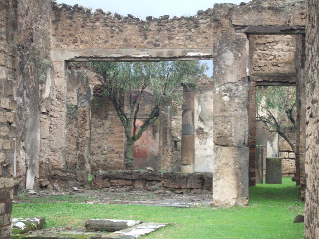 VII.7.2 Pompeii. December 2005. Looking north-west across impluvium “g” in atrium towards tablinum “k” and peristyle “x”.
According to Boyce, near the west end of the open court of the peristyle stood a masonry altar.
It was coated with white stucco, decorated with painted red and yellow flowers.
See Boyce G. K., 1937. Corpus of the Lararia of Pompeii. Rome: MAAR 14. (p/68, no.295 and Pl.39,1)
According to Jashemski, the peristyle garden at the rear of the tablinum was enclosed by a portico on the east, and most of the north and south sides.
It was supported on both the north and south sides by three columns and one engaged column.
An altar, decorated with crudely painted flowers, stood in the north-west part of the garden.
16 terracotta lamps were found in the portico.
The windowed tablinum, the oecus on the south, and the exedra on the north, had views into the garden.
The adjoining house, through a wide window in its large triclinium, also had a fine view into this garden.
See Jashemski, W. F., 1993. The Gardens of Pompeii, Volume II: Appendices. New York: Caratzas. (p.186 and fig 218, peristyle with painted altar).