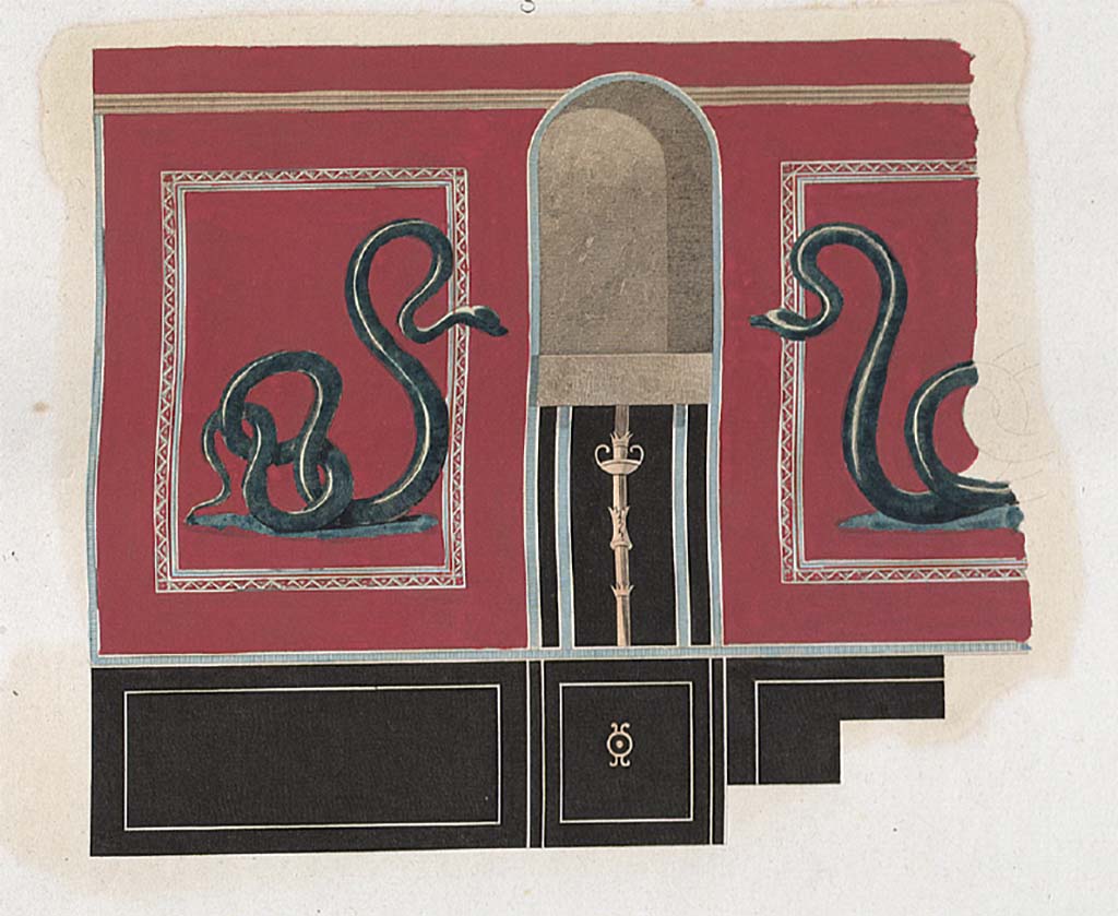 VII.9.42 Pompeii. 1829. Painting by Mazois of west wall with arched niche and serpents.
See Mazois, F., 1829. Les Ruines de Pompei : Troisième Partie. Paris : Didot Frères, pl. XLV.
See Carratelli, G. P., 1990-2003. Pompei: Pitture e Mosaici: Vol. VII. Roma: Istituto della enciclopedia italiana, p. 333.