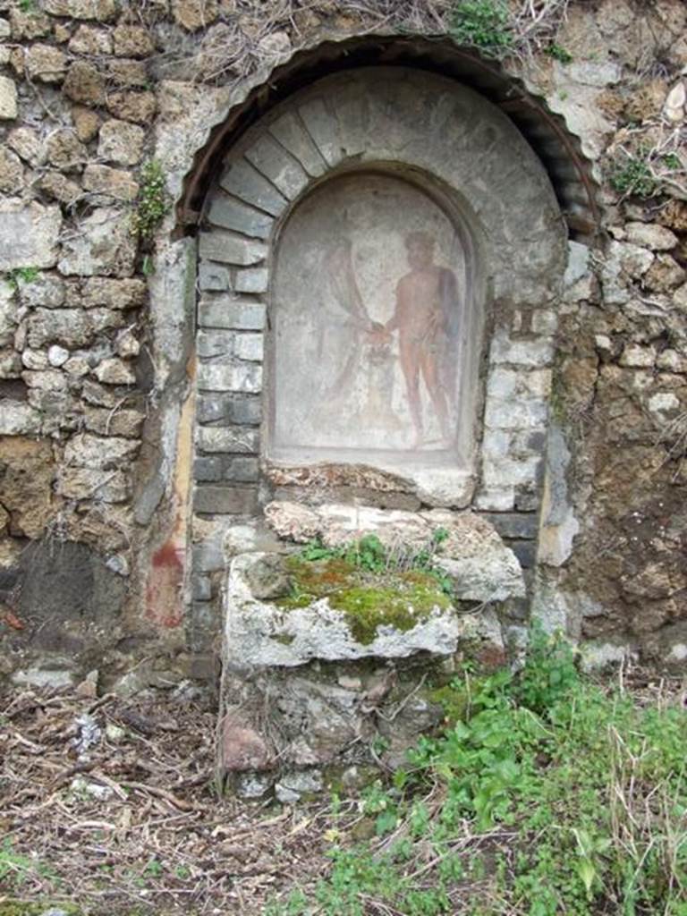 VII.11.14 Pompeii. March 2009. Garden “C”, lararium and altar on west wall. On either side were the painted Lares, smaller than the figures in the niche. Now vanished. According to Boyce, Helbig placed the Lares on the projecting walls of the arch. Fiorelli put them on the wall of the room outside the niche. Their figures have entirely disappeared but the side walls of the niche, decorated with foliage, show that they could not have been painted there.
See Helbig, W., 1868. Wandgemälde der vom Vesuv verschütteten Städte Campaniens. Leipzig: Breitkopf und Härtel. (67)
See Fiorelli, Scavi, p.26, p.108, No.41
See Fiorelli, Descr., 280.
See Pappalardo, U., 2001. La Descrizione di Pompei per Giuseppe Fiorelli (1875). Napoli: Massa Editore. (p.110, where the Lares are described as “Nymphs”.