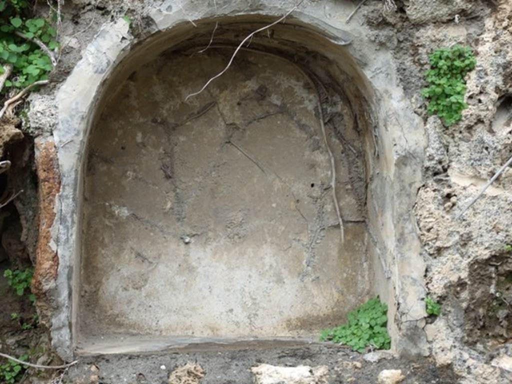 VII.11.14 Pompeii. March 2009. Garden “C”, upper niche. According to Boyce, the inside walls of the higher niche still showed the coating with orange-coloured stucco.