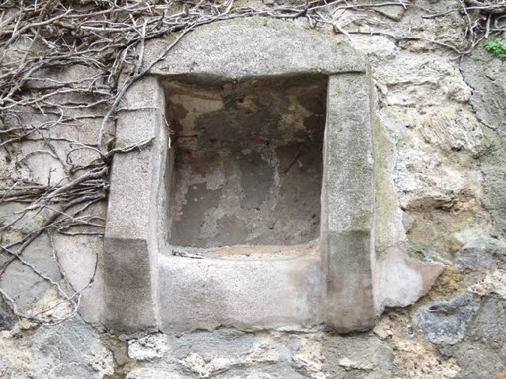 VII.14.5 Pompeii. March 2009. Room 18, niche in south wall of kitchen.
According to Boyce –
in the large kitchen entered from the posticum at VII.14.19, high up on the south wall, was a square niche (0.36 square, d.0.32, h. above floor 2.20).
According to Fiorelli, this was “la piccola nicchia dei Penati”.
Boyce gave the reference - Fiorelli, Descr., 302.
See Boyce G. K., 1937. Corpus of the Lararia of Pompeii. Rome: MAAR 14. (p.71, no.327)
See Giacobello, F., 2008. Larari Pompeiani: Iconografia e culto dei Lari in ambito domestico. Milano: LED Edizioni, (p.195, no.81)