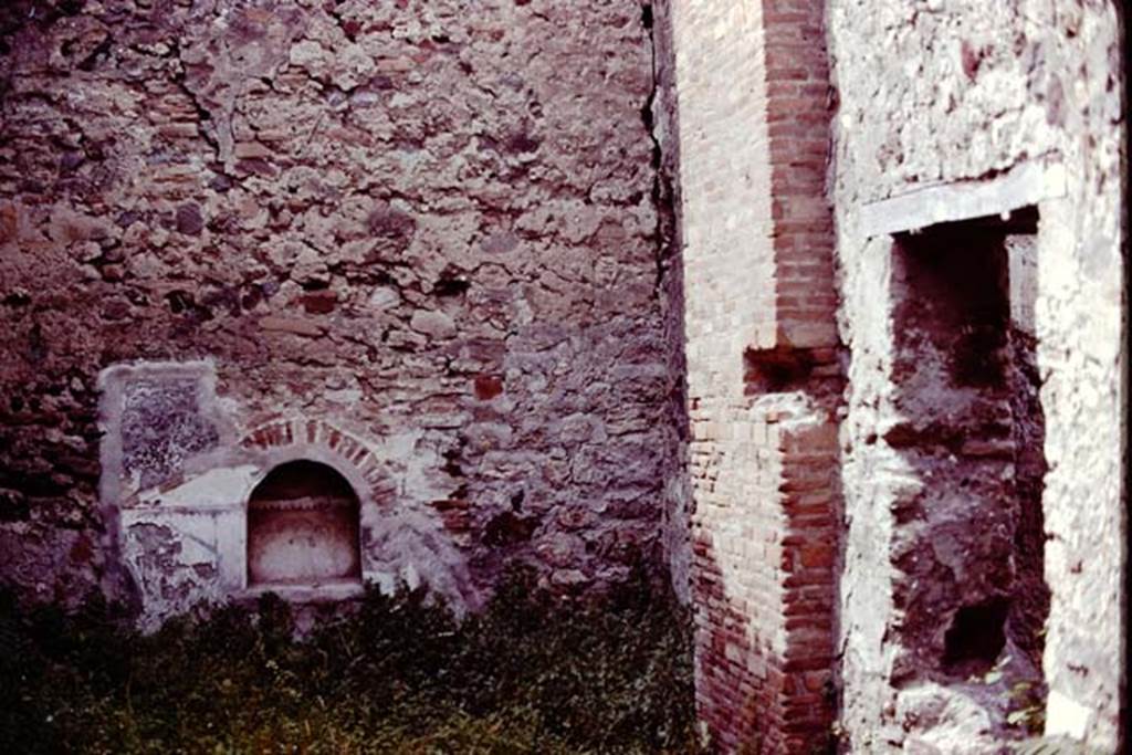 VII.15.8 Pompeii, 1978. Looking towards niche in north wall of garden area. Photo by Stanley A. Jashemski.
Source: The Wilhelmina and Stanley A. Jashemski archive in the University of Maryland Library, Special Collections (See collection page) and made available under the Creative Commons Attribution-Non Commercial License v.4. See Licence and use details. J78f0238
According to Boyce, in the centre of the north wall of the garden area near the floor, was an arched niche. The wall around it was covered with a rectangular panel of white stucco. On this was an aedicula façade which was marked off with yellow and violet lines in low relief. The work was delicately executed but somewhat irregular.
See Boyce G. K., 1937. Corpus of the Lararia of Pompeii. Rome: MAAR 14. (p.72, no.332, Pl.6,2)