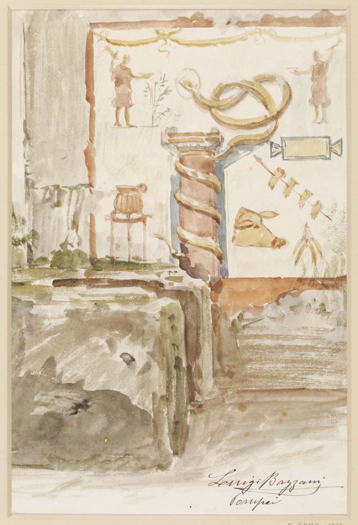 VII.15.13 Pompeii.
Undated watercolour by Luigi Bazzani, a preliminary study of painted wall-decoration of the lararium in the kitchen.
Photo © Victoria and Albert Museum. Inventory number 2053-1900.