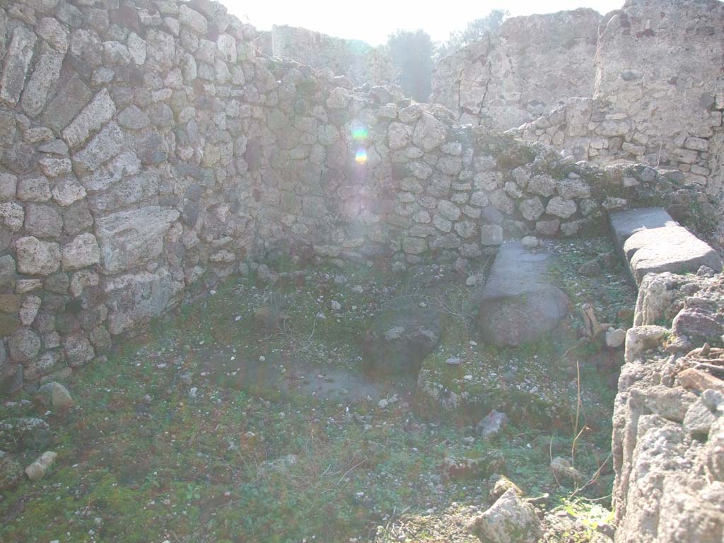 VII.16.13 Pompeii. December 2007. Room 29, looking west to site of steps.
According to Boyce –
in the west wall of the rear room with the large oven was an arched niche (h.0.80, w.0.62, d.0.35, h. above floor 1.20), of irregular shape.
Its walls were profusely decorated on a pink background with spots of many colours combined with star-like flowers on the vaulted ceiling.
See Boyce G. K., 1937. Corpus of the Lararia of Pompeii. Rome: MAAR 14. (p. 73, no. 339, location given as VII.16.12).