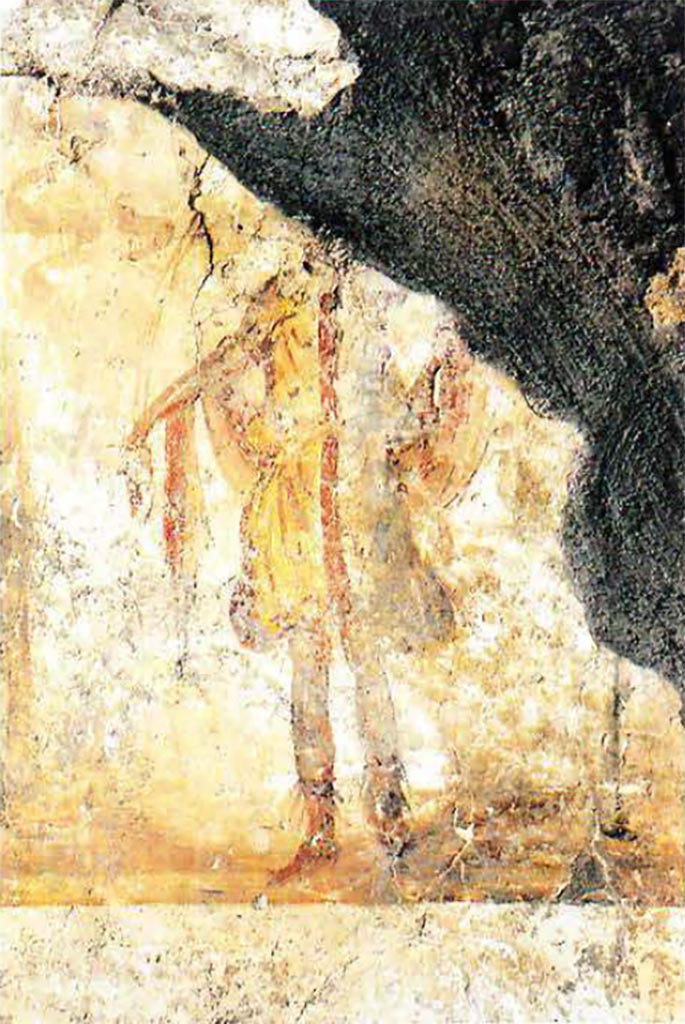 VII.16.22 Pompeii. Detail of right hand Lar from Lararium painting on south wall of room 28.
See Fröhlich, T., 1991. Lararien und Fassadenbilder in den Vesuvstädten. Mainz: von Zabern. (p.290, L94, Taf, 8,2, & 46,1).
See Giacobello, F., 2008. Larari Pompeiani: Iconografia e culto dei Lari in ambito domestico. Milano: LED Edizioni, (p.195, no.83)
Grimaldi, 2006, p.292.