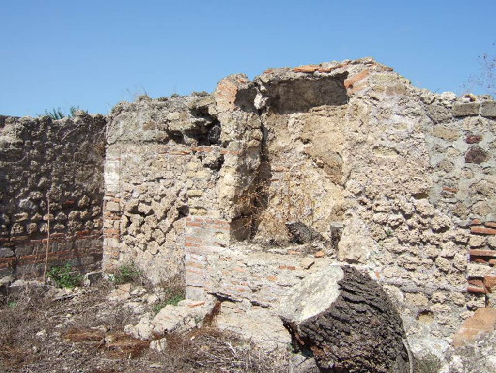 VIII.2.30 Pompeii. September 2005. North wall with aedicula, of room on south-west side of tablinum, which BdI described as (p).
According to BdI –
Il lato posteriore di questo piano vien formato da una serie di sale, (p), (q), e (s), delle quali il tablino (q) era la piu grande.
Tutte avevano il pavimento composto di lastre di marmo e di lavagna, delle quali pero non rimane che una piccola parte in (p) e pochissimi avanzi in (q),
(p) inoltre era distinta per una nicchia o edicola nella parete N, spogliata quasi totalmente del suo originario rivestimento di marmo.
Tutte queste camere si aprono o in tutta la larghezza o con larga porta sopra un’ampia terrazza, ora crollata, sovrapposta alle localita del piano di sotto, dalla quale doveva godersi una vista deliziosa per il magnifico panorama delle fertile pianura, delle montagne opposte e del mare.
(The rear of this floor is formed by a series of rooms, (p), (q), and (s), of which the tablinum (q) was the largest.
All had the floor composed of marble slabs and (lavagna/? slate of lava), of which nothing remains, other than a small part in (p) and very few remains in (q),
(p), however, was also distinguished by a niche or aedicula in the north wall, almost totally stripped of its original marble cladding.
All these rooms opened either in full width or with a large door onto a large terrace, now collapsed, superimposed above the floor underneath, from which they would have enjoyed a delightful view over the magnificent panorama of the fertile plains, the mountains opposite and the sea.)
See BdI, 1884, p.212.