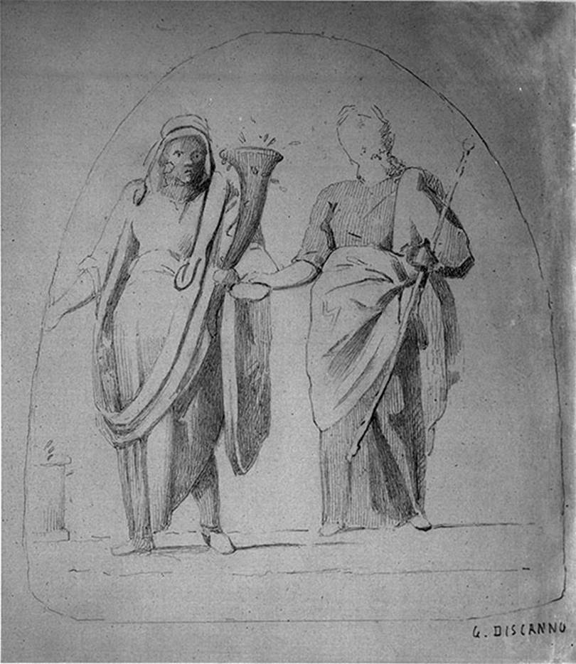 VIII.2.39 Pompeii. 19th century drawing by G. Discanno. Lararium niche in small room c, east wall.
DAIR 35.501. Photo © Deutsches Archäologisches Institut, Abteilung Rom, Arkiv.
Genius with cornucopia extending his hand towards a round altar.
A woman, with blue chiton and yellow mantle and diadem on her head, holds a sceptre in her left hand and a patera in her right.
This is Juno, the female corresponding to the Genius.
See Carratelli, G. P., 1990-2003. Pompei: Pitture e Mosaici. Roma: Istituto della enciclopedia italiana, p. 314-5.