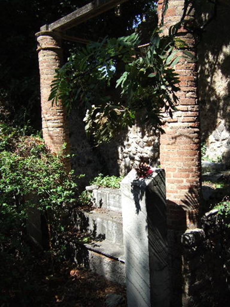 VIII.3.14 Pompeii. September 2005. Garden. Aedicula with remains of marble base for a herm, at the side of the steps.
According to Schulz in BdI, at the beginning of October 1839, in the garden, an aedicula was found, which one ascended by four steps.
At the foot of the aedicula were found two marble herms and a marble candelabrum.
And in the left corner of the same courtyard was another niche, of elegant architecture, made from masonry.
In various parts of this Courtyard were found many fragments of marble and bronze pots, including a marble head of Jupiter.
See Bullettino dell’Instituto di Corrispondenza Archeologica (DAIR), 1841, p. 121.
See Fiorelli G., 1862. Pompeianarum antiquitatum historia, Vol. 2: 1819 - 1860, Naples, (p.373, 9th October 1839).