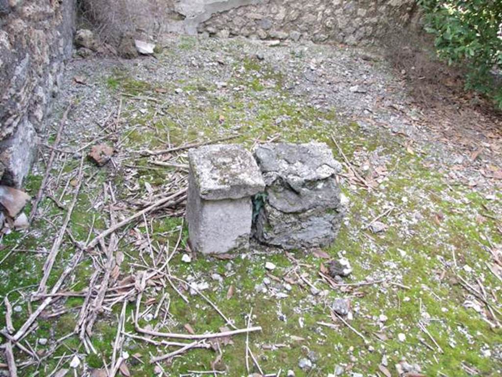 IX.2.21 Pompeii. March 2009. Room 11, south-west corner of garden area. According to Jashemski:
“Fiorelli mentions, but does not locate, an altar in the garden.
Trendelenburg mentions both a statue base and an altar. Neither are there today”.
See Jashemski, W. F., 1993. The Gardens of Pompeii, Volume II: Appendices. New York: Caratzas. (p.229).
According to Boyce, “the report in the Bull. Inst. describes a second statue base with altar in the peristyle; Fiorelli mentions only an altar; there is nothing to be seen there today”.
See Boyce G. K., 1937. Corpus of the Lararia of Pompeii. Rome: MAAR 14. (p.81, no.401)
Boyce gave the reference - Bull. Inst., 1871, 193.
