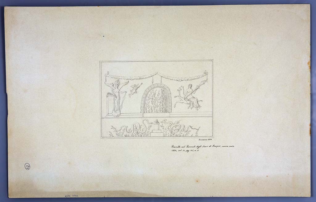 IX.3.12 Pompeii. Drawing by Geremia Discanno, 1870, of lararium painting seen on south wall, but now faded.
Now in Naples Archaeological Museum. Inventory number ADS 1093.
Photo © ICCD. https://www.catalogo.beniculturali.it
Utilizzabili alle condizioni della licenza Attribuzione - Non commerciale - Condividi allo stesso modo 2.5 Italia (CC BY-NC-SA 2.5 IT)