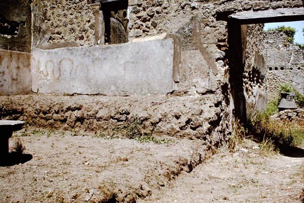IX.3.20 Pompeii. 1964. Room 8, garden area. East wall with raised planting bed or bench and painted serpent. Photo by Stanley A. Jashemski.
Source: The Wilhelmina and Stanley A. Jashemski archive in the University of Maryland Library, Special Collections (See collection page) and made available under the Creative Commons Attribution-Non Commercial License v.4. See Licence and use details.
J64f1636