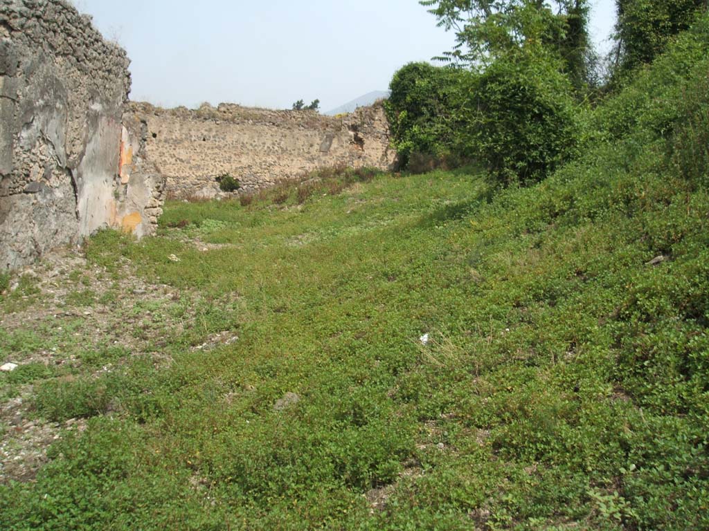 IX.6.g Pompeii. May 2005. Looking across site of atrium “2”, towards tablinum “d” and towards north wall of peristyle “4”.
According to Boyce –
In the north wall of the peristyle, near the north-east corner, is a large rectangular niche (h.1.13, w.0.87, d.0.38, h. above floor 0.88).
The walls of the niche were coated with uniform white stucco, and in its floor were two square depressions, as if for statue bases.
He thought the niche was unusually large for an ordinary lararium.
See Bullettino dell’Instituto di Corrispondenza Archeologica (DAIR), 1881, p. 22.
See Boyce G. K., 1937. Corpus of the Lararia of Pompeii. Rome: MAAR 14. (p. 87, no. 434).
According to Jashemski, the peristyle garden at the rear of the tablinum was enclosed by a portico on the south, east, north and most of the west sides.
The portico was supported by 12 columns, and 2 engaged columns, painted red below and white above.
In the north wall of the peristyle near the north-east corner was a large rectangular niche.
The garden is completely destroyed today.
See Jashemski, W. F., 1993. The Gardens of Pompeii, Volume II: Appendices. New York: Caratzas. (p. 239)
