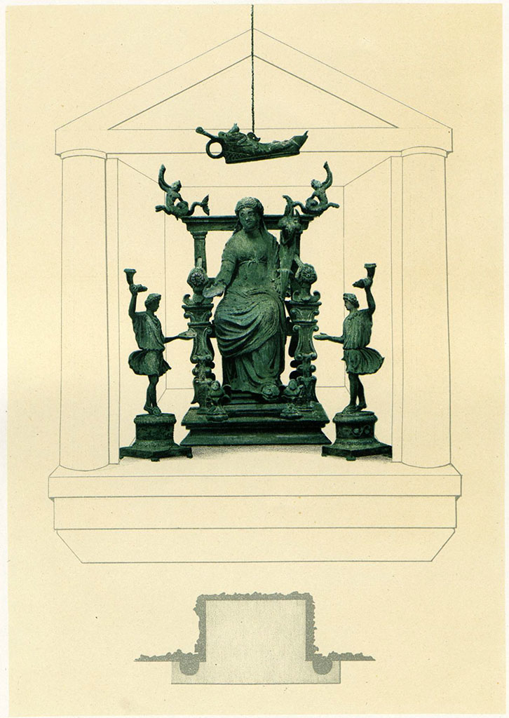 IX.7.20 Pompeii.
Bronze lamp in the shape of a foot, and three bronze statuettes found in the rectangular niche in atrium.
See Niccolini F, 1890. Le case ed i monumenti di Pompei: Volume Terzo. Napoli, Isola VII Regione IX, Tav. III.