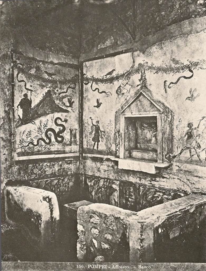 IX.8.6 Pompeii. Old postcard. Possibly just after excavation circa 1879-1881?
Room 23. Servants’ quarters on west side of house.
Household shrine or lararium with Bacchus painting still in situ.