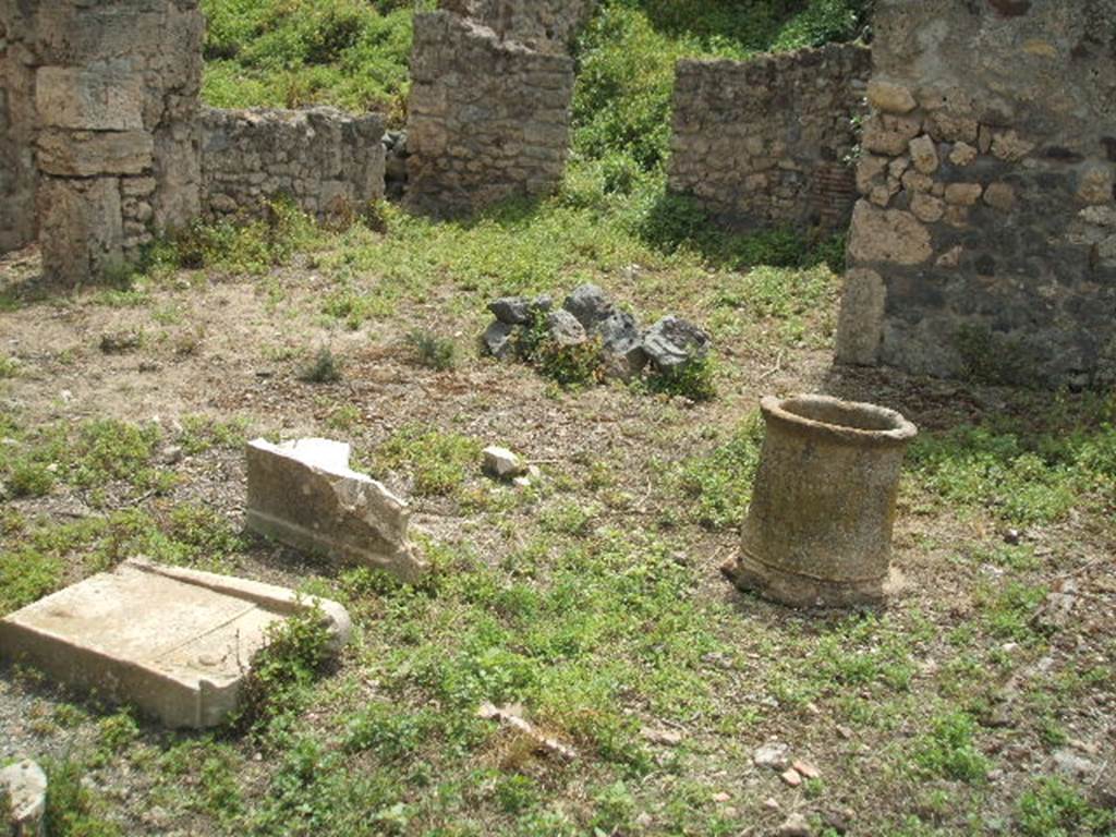 IX.8.c Pompeii. May 2005. Site of east portico, looking south into unexcavated.
According to Boyce –
In the west wall of the kitchen, reached from the south side of the peristyle, was a rectangular niche (h.0.44, w.0.65, d.0.26, h. above floor 1.0). On the wall above it was a lararium painting.
The Genius was on the right of a flaming tripod adorned with garlands.
On the left was a tibicen and to the right stood a camillus. On each side of this group stood a Lar.
The serpents were painted on the back wall of the niche.
Both serpents were red and yellow, and their tails extended over onto the side walls of the niche.
The altar between them was painted as imitation red and yellow variegated marble.
The layer of plaster on which the serpents had been painted had partly fallen away, revealing beneath it an earlier layer.
The earlier layer was also decorated with painted figures, however Boyce thought it was impossible to ascertain what they were.
He quoted reference – Not. Scavi, 1880, 298.
See Boyce G. K., 1937. Corpus of the Lararia of Pompeii. Rome: MAAR 14. (p. 90, no. 452).