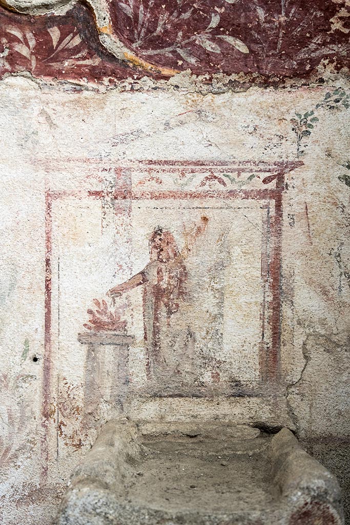 IX.10.1, Pompeii. July 2024.
Room 12, south wall, painted lararium above altar. Photo courtesy of Johannes Eber.
The altar is surmounted by a painted rectangular aedicule terminating in vegetal whorls, and which frames the Genius patris familias with cornucopia and patera making libations at a circular altar.
L’altare è sormontato da un’edicola rettangolare dipinta e terminante in girali vegetali, che inquadra il Genius patrisfamilias con cornucopia e patera che compie libagioni presso un altare circolare.
See PAP e-journal 6, 28.09.2023, p. 65, fig. 14. Download: PAP e-journals 2023 collection volumes 01-09
