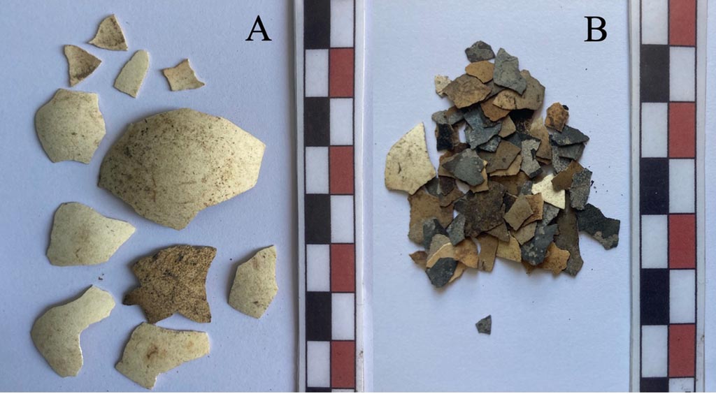 IX.10.1 Pompeii. Lararium and altar recently found in room 12.
Eggshell fragments from the surface level (A) and the deepest layer (B). There is a greater degree of fragmentation and widespread traces of combustion for the remains coming from the deeper level.
Frammenti di guscio d’uovo dal livello superficiale (A) e da quello più profondo (B). Si nota un maggiore grado di frammentazione e diffuse tracce di combustione per i resti provenienti dal livello più profondo.
See PAP e-journal 6, 28.09.2023, p. 68, fig. 20. Download: PAP e-journals 2023 collection volumes 01-09
Photograph © Parco Archeologico di Pompei.