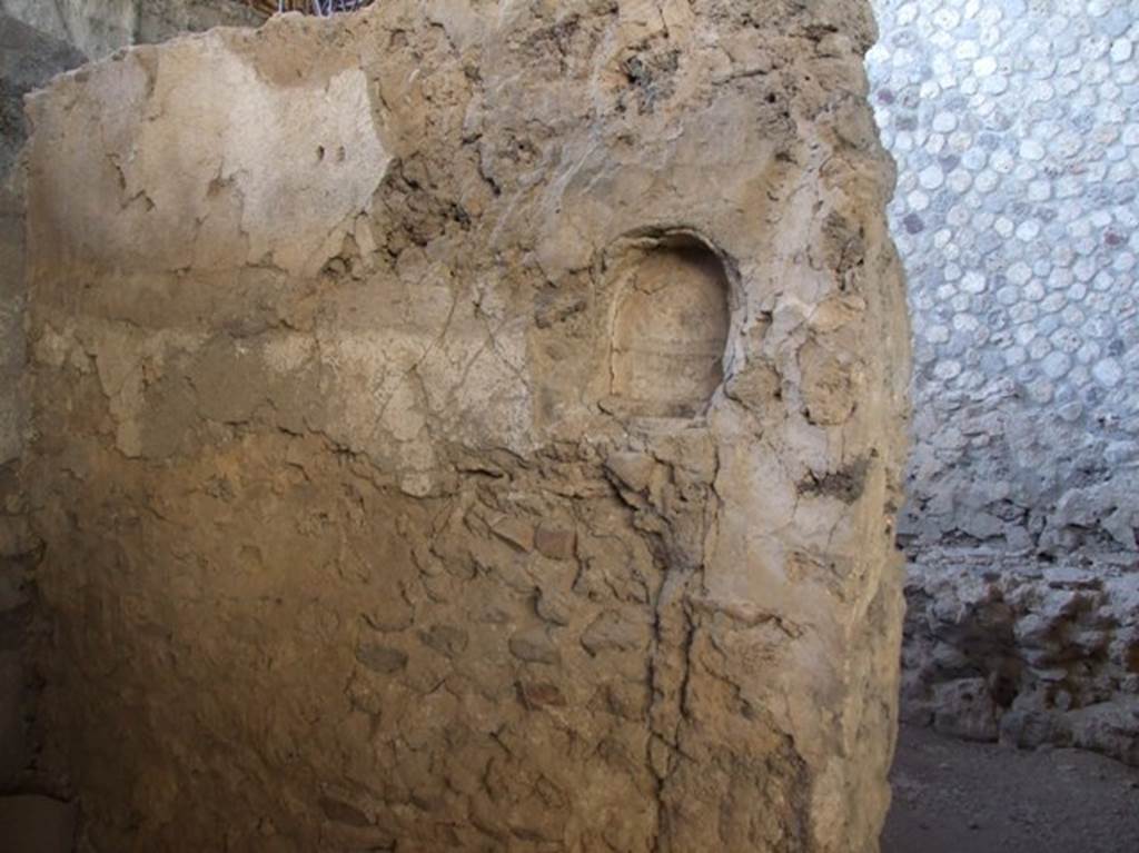 IX.12.6 Pompeii. March 2009. Room “f”, niche in wall in north-west corner.
Room “g”, behind the niche, has the stone bench against the wall.