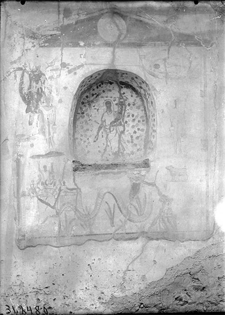 IX.14.4 Pompeii. 1931. South wall of kitchen, with painted niche.
DAIR 31.2480. Photo © Deutsches Archäologisches Institut, Abteilung Rom, Arkiv.
See Boyce G. K., 1937. Corpus of the Lararia of Pompeii. Rome: MAAR 14. (p. 31, no. 68 & Pl.13, 2)