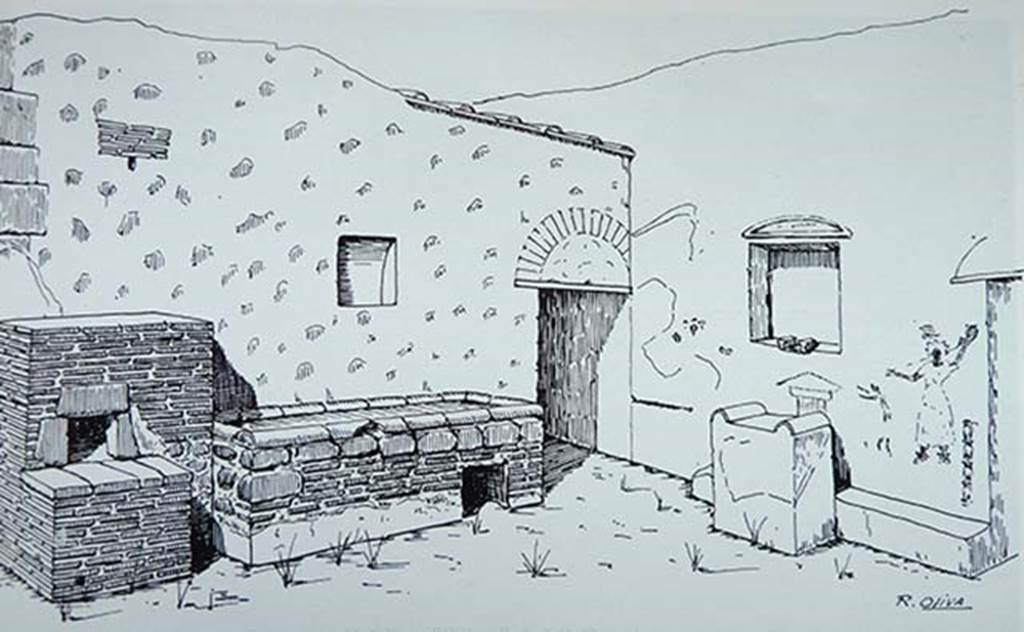 Villa of Mysteries, Pompeii. Drawing of west and north walls of kitchen courtyard with remains of painted lararium on right, by R.Oliva. See Maiuri, A. (1967 ed). La Villa dei Misteri, (p.36-7)