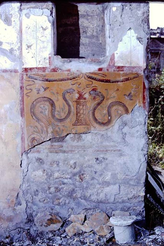 I.13.11 Pompeii. 1968. Looking west to lararium niche on west side of the garden area.
On the right, at the rear is the lararium niche on the west wall of the atrium of I.13.12.
Photo by Stanley A. Jashemski.
Source: The Wilhelmina and Stanley A. Jashemski archive in the University of Maryland Library, Special Collections (See collection page) and made available under the Creative Commons Attribution-Non Commercial License v.4. See Licence and use details.
J68f1997