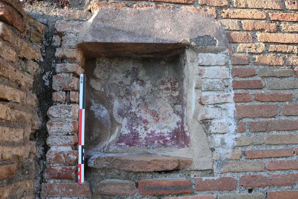 V.1.30 Pompeii. December 2018. Detail of niche from west end of north wall. Photo courtesy of Aude Durand.
According to Boyce, the small rectangular niche (h.0.33, w.0.30, d.0.12, h. above floor 2.10), was high up on north wall.
The rear wall of the niche was last painted red with a blue border.
Underneath this last coat of plaster, several earlier ones could be distinguished.
See Boyce G. K., 1937. Corpus of the Lararia of Pompeii. Rome: MAAR 14. (p .33, no.82)