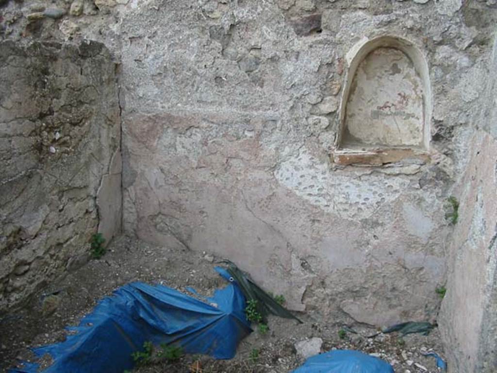 VI.1.1 Pompeii. May 2003. Niche with vaulted ceiling, on north wall. Originally this was at the east end of the north wall of a windowless sacrarium. Photo courtesy of Nicolas Monteix.