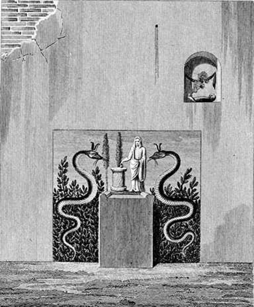 VI.3.7 Pompeii. Mazois drew this picture of a painting, altar and a niche but did not identify their location.
See Mazois, F., 1824. Les Ruines de Pompei : Second Partie. Paris: Firmin Didot, p. 69, Pl. 24.2.
Boyce (Plate 12. 4) describes this "as it appeared shortly after discovery in 1810" From Mazois II pl. 24, 2.
According to Boyce, the niche was undecorated, but the altar was coated with red stucco.
Behind the altar was a rectangle of white stucco, which served as a background for the Lararium painting.
Boyce makes the comment that there is a remarkable similarity between this, as reproduced by Mazois, and his painting of the shrine in the Temple of Isis, without the niche, in Vol. IV, pl.11, 5 of the same work.
See Boyce G. K., 1937. Corpus of the Lararia of Pompeii. Rome: MAAR 14. (p.45, and pl.12,2 and 4)
See Giacobello, F., 2008. Larari Pompeiani: Iconografia e culto dei Lari in ambito domestico. Milano: LED Edizioni. (p.172, no.49).