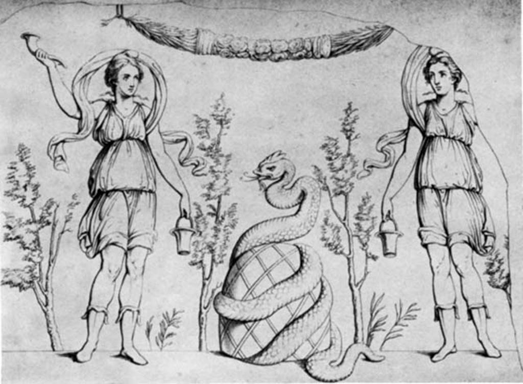 VI.9.2 Pompeii. About 1830. Room 38, kitchen, lararium painting. This was painted on a white plaster panel.
In the centre was a serpent coiled around an omphalos or an altar and on each side stood a Lar.
According to Boyce, the altar was a blue omphalos, the Lares wore bright violet Phrygian caps, blue tunic and red Pallium (cloak).
Each held a rhyton and situla. Each Lar was standing between two laurel trees. A garland was above.
See Boyce G. K., 1937. Corpus of the Lararia of Pompeii. Rome: MAAR 14. (174, Pl: 21,2).
Helbig described the altar as an omphalos.
Giacobello said that Boyce erroneously described the altar as an omphalos.
Both Frohlich and Giacobello say the lararium was on the west wall, above the hearth.
See Real Museo Borbonico IX, T: XX.
See Helbig, W., 1868. Wandgemälde der vom Vesuv verschütteten Städte Campaniens. Leipzig: Breitkopf und Härtel. (37).
See Fröhlich, T., 1991. Lararien und Fassadenbilder in den Vesuvstädten. Mainz: von Zabern. (p.277)
See Giacobello, F., 2008. Larari Pompeiani: Iconografia e culto dei Lari in ambito domestico. Milano: LED Edizioni. (p.175).