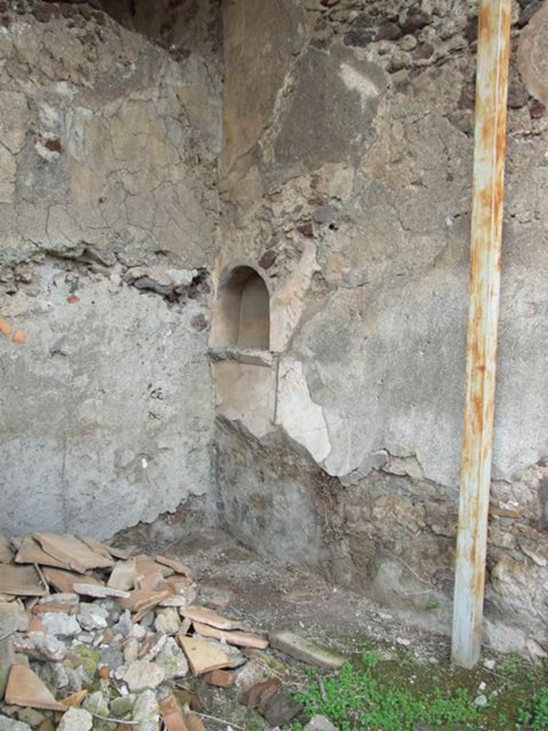 VI.9.7 Pompeii. March 2009. Room 15, north wall of cubiculum with arched niche. According to Boyce, “in one of the rooms (now in ruins) behind the atrium entered at no.7 in the north wall is an arched niche with projecting floor”. See Boyce G. K., 1937. Corpus of the Lararia of Pompeii. Rome: MAAR 14. (p.50, no.179)