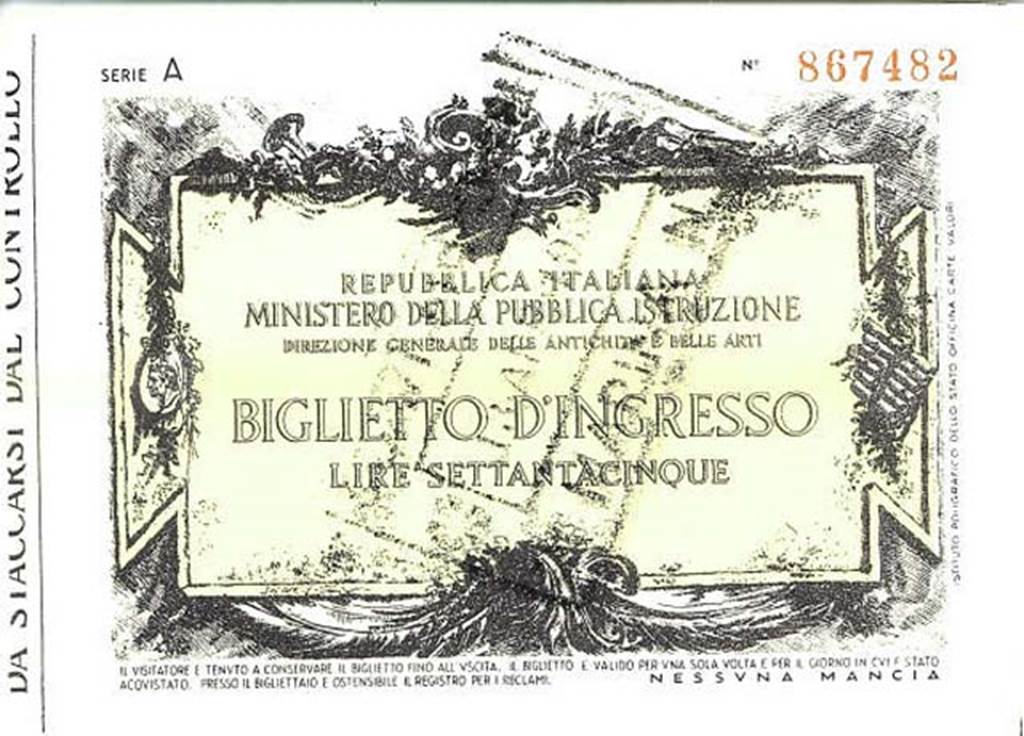 T.9. Pompeii Porta Marina entrance ticket dated 13 Apr 193(?), the last digit is unclear. Entry fee was 75 Lire.
The "Serie B" ticket below (printed as Lire 100 but over-stamped Lire 150) is dated 18 Sep 1932.
That would suggest a date range of 1930-31 for this "Series A" ticket.
Photo courtesy of Rick Bauer.