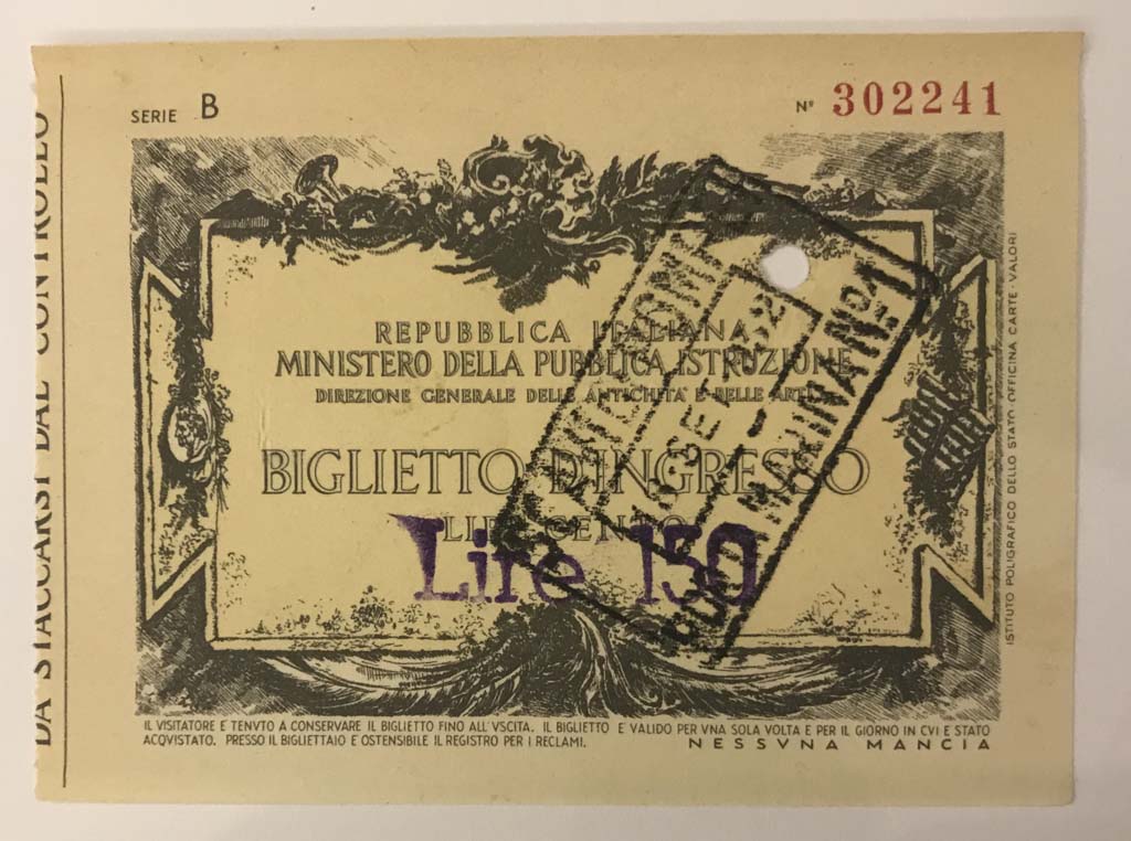 T.10. Pompeii. A "Serie B" ticket dated 18 Sep 1932, printed as Lire 100 but over-stamped as Lire 150.