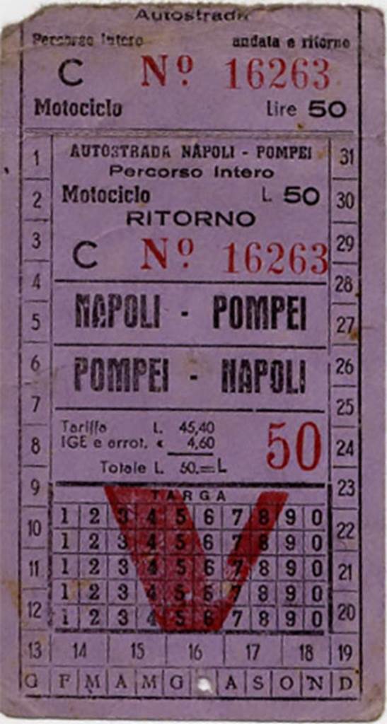T.24. Autostrada Napoli - Pompei return ticket for a motorcycle dated July 1952.
The cost was 50 Lire, of which 4.6 Lire was IGE.
The “Imposta Generale sulle Entrate” or “general tax on revenue” was introduced in 1940 and superseded by VAT in 1973.
Photo courtesy of Rick Bauer.