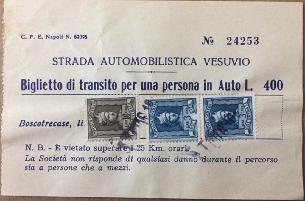 T.27A. Vesuvius. Strada Automobilistica Vesuvio ticket (10th August 1973). Vesuvius car road ticket for one person.
Issued at Boscotrecase at a cost of 400 lira, presumably with 4% (16 lira) stamp duty.
Note: It is forbidden to exceed 25 km per hour.
Note: The company is not responsible for any damage during the journey to people or vehicles.
Photo courtesy of Rick Bauer.