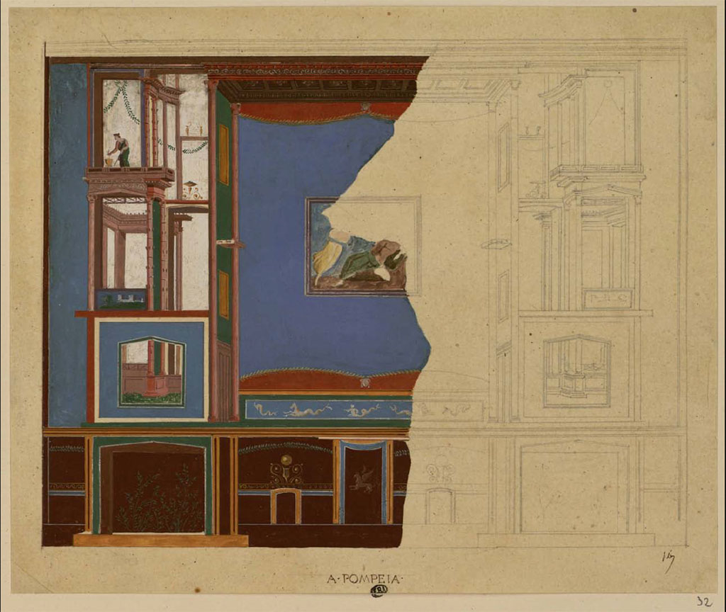 PA.21. Wall painted by Duban between 1823 and 1828.
The central painting is only partially complete, and the location is simply stated as “A Pompeia”.
See Duban F. Album de dessins d'architecture effectués par Félix Duban pendant son pensionnat à la Villa Medicis, entre 1823 et 1828: Tome 2, Pompéi. (no.32)
INHA Identifiant numérique NUM PC 40425 (2)
https://bibliotheque-numerique.inha.fr/idurl/1/7157 « Licence Ouverte / Open Licence » Etalab