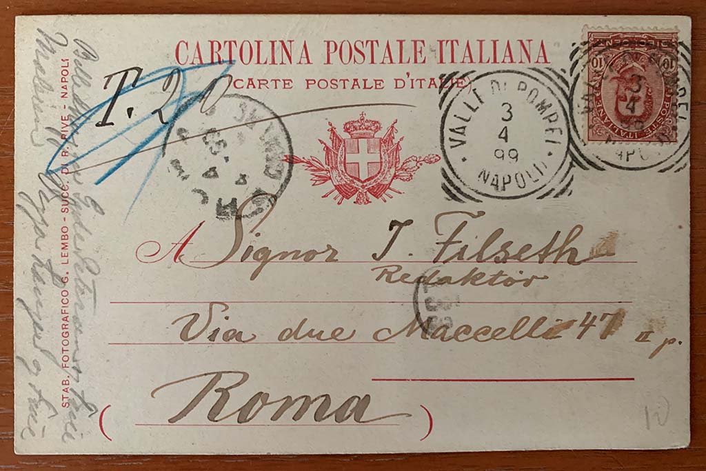Front of 1899 postcard. It is addressed to J. Filseth, Redaktor, in Rome.
This could be Johan Filseth (born 25 September 1862 in Romedal, Norway, died 5 September 1927 in Denmark).
Filseth was the founder, in 1894, and long-time editor of the newspaper Gudbrandsdølen in Lillehammer.
He was connected to Denmark through his wife, a Danish woman, Laura Anna Emilie Krabbe (1879-1969) who he married in 1900.
Photo courtesy of Rick Bauer.