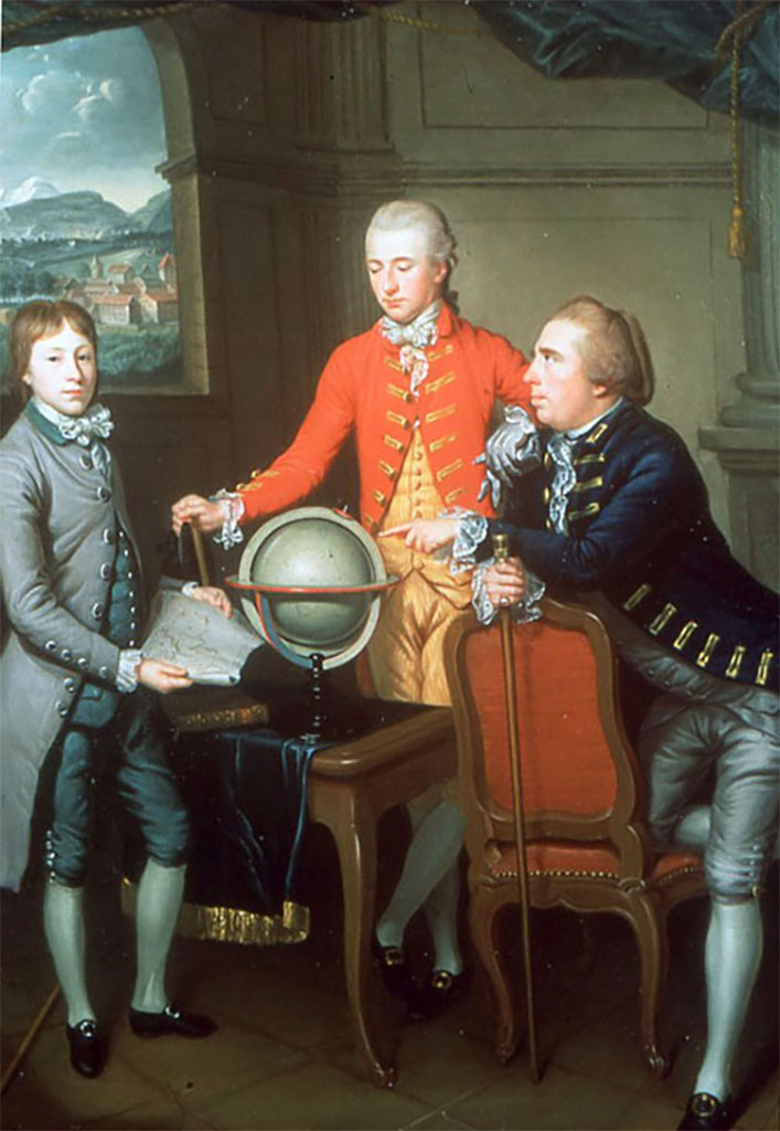 Portrait of Douglas, 8th Duke of Hamilton, on his Grand Tour with his physician Dr John Moore and the latter's son John.
A view of Geneva is in the distance where they stayed for two years.
Painted by Jean Preudhomme in 1774.