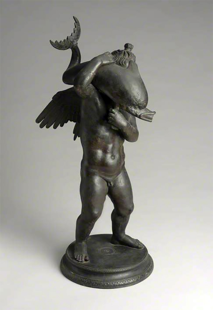 VI.8.22 Pompeii. Late 19th century copy of Cupid with Dolphin made by Sabatino de Angelis & Son.
Fonderia Artistica Sabatino de Angelis & Fils Napoli is recorded on the base. The foundry was active in Naples from 1840–1915.
'Cupid with Dolphin' was cast by Sabatino de Angelis & Son, Naples, which obtained permission to manufacture casts from the collections of the Museo Archeologico Nazionale, Naples in 1888.
The source is a two foot high bronze fountain figure from the House of the Large Fountain, excavated at Pompeii in 1880. It can be dated 1888–1898.
See https://www.artuk.org
The National Trust at Dorneywood House and Gardens, Buckinghamshire, UK has two bronze sculptures of cupids, signed SAB DE ANGELIS and FILS - NAPLES and dated 1907, one carrying a duck and one with a dolphin, on circular bases.
https://www.nationaltrustcollections.org.uk/object/1507643