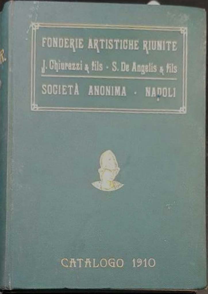Fonderie Artistiche Riunite J. Chiurazzi & fils – S. De Angelis & fils Catalogo 1910 front cover.
Karl Baedeker, in his widely read guidebook to Southern Italy of 1896, singled out the De Angelis and Chiurazzi foundries as the best producers in Naples of copies of ancient bronzes
In 1910 the two foundries merged into the Fonderie Artistiche Riunite and offered a wide range of reproductions, from ancient statues to Renaissance and Baroque works.
For the majority of the reproductions, customers could choose among three patinas, ‘Pompéi’, ‘Herculaneum’, or ‘Moderne’, respectively, green, dark brown, and light brown.
By 1915, De Angelis & Fils ceased to exist, having been taken over by the Fonderia Chiurazzi, which continued to produce artistic bronze sculpture, both reproductions and original works, under the name of Chiurazzi Internazionale.
See Ostrow, S. F., 2017. Pietro Tacca’s Fontane dei Mostri Marini: Collecting copies at the end of the Gilded Age. Journal of the History of Collections, p. 13-14.