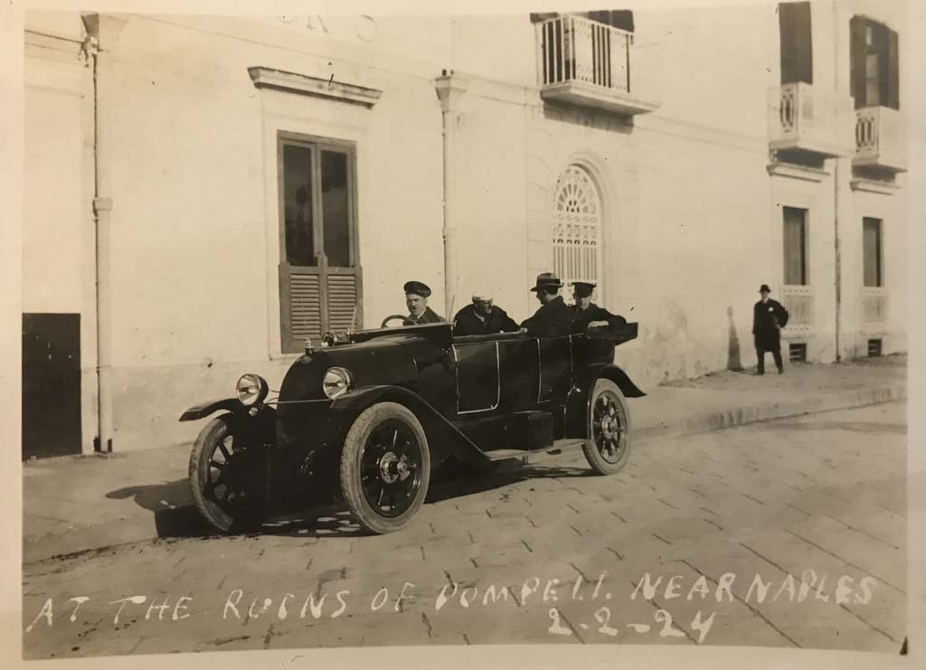 H.1c. Pompeii, 2nd February 1924. Photo taken near the ruins of Pompeii, unspecified location.
The motor car is outside the Hotel Suisse where the horse and carriage were in the 19th century postcard above.
Photo courtesy of Rick Bauer.