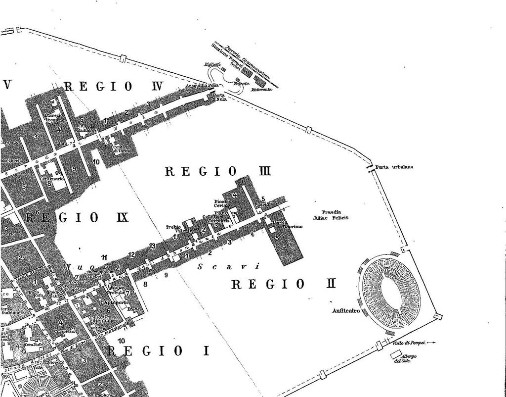 H.9. 1929 map of Pompeii by Engelmann showing old Circumvesuviana Pompei Scavi station, restaurant, ticket office and entrance through Porta di Nola.
Photo courtesy of Rick Bauer.
