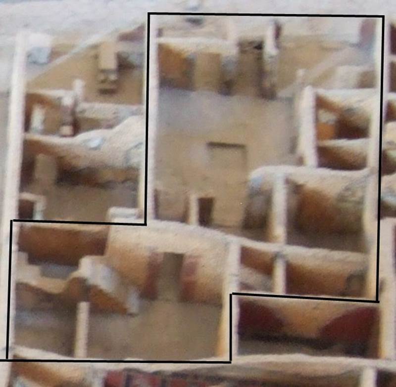 I.2.3 Pompeii. Showing house as it was before it was bombed in 1943.
According to Garcia y Garcia, this area was bombed in September 1943.
The impluvium was destroyed, and the three rooms to the north of the atrium, together with the north wall separating the two houses were demolished. See Van der Poel, H. B., 1986. Corpus Topographicum Pompeianum, Part IIIA. Austin: University of Texas. (p.4).
See Garcia y Garcia, L., 2006. Danni di guerra a Pompei. Rome: L’Erma di Bretschneider. (p.37-38). (Viewed from rear (east) towards the front (west)). From model in Naples Archaeological Museum. At the top, in the left hand corner is the bar at I.2.1.